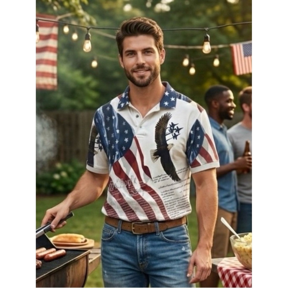 100% Cotton American Summer Patriotic Eagle & Flag Graphic Polo USA- L‎